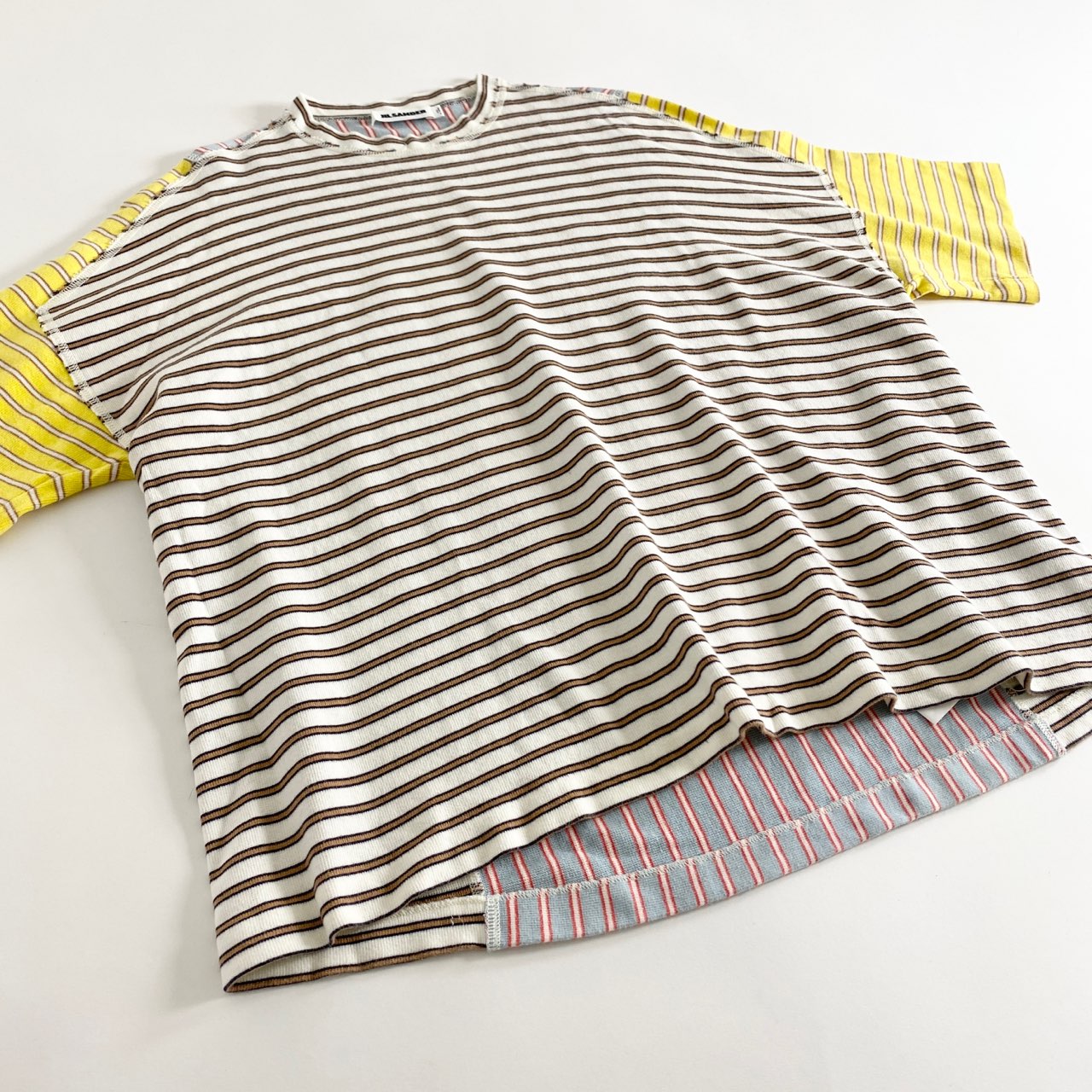 52A12 《美品》 JIL SANDER ジルサンダー マルチボーダー 再構築 カットソー S マルチカラー Tシャツ リメイク イタリア製