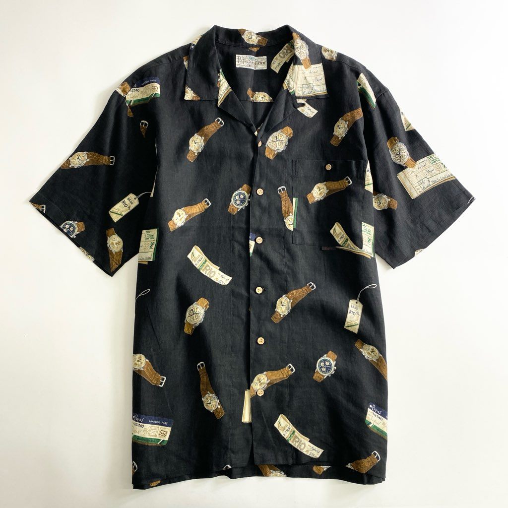 49b25 Papas パパス リネン アロハシャツ L ブラック LINEN ALOHA SHIRT HAWAII ハワイ 半袖 オープンカラー 時計 ウォッチ