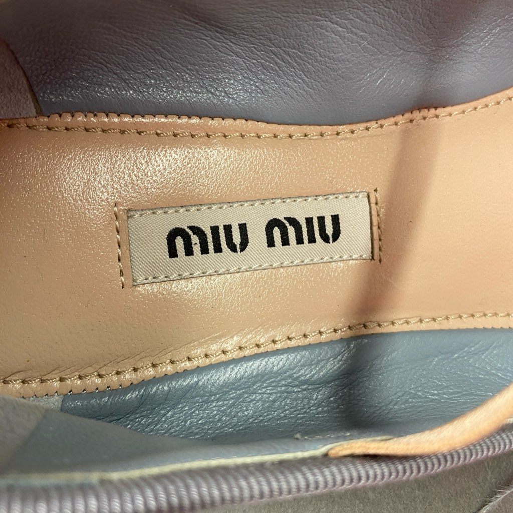 3b29 miu miu ミュウミュウ パール フラットシューズ 36 ブルー レザー ビジュー フリンジ フェザー イタリア製 バレエシューズ