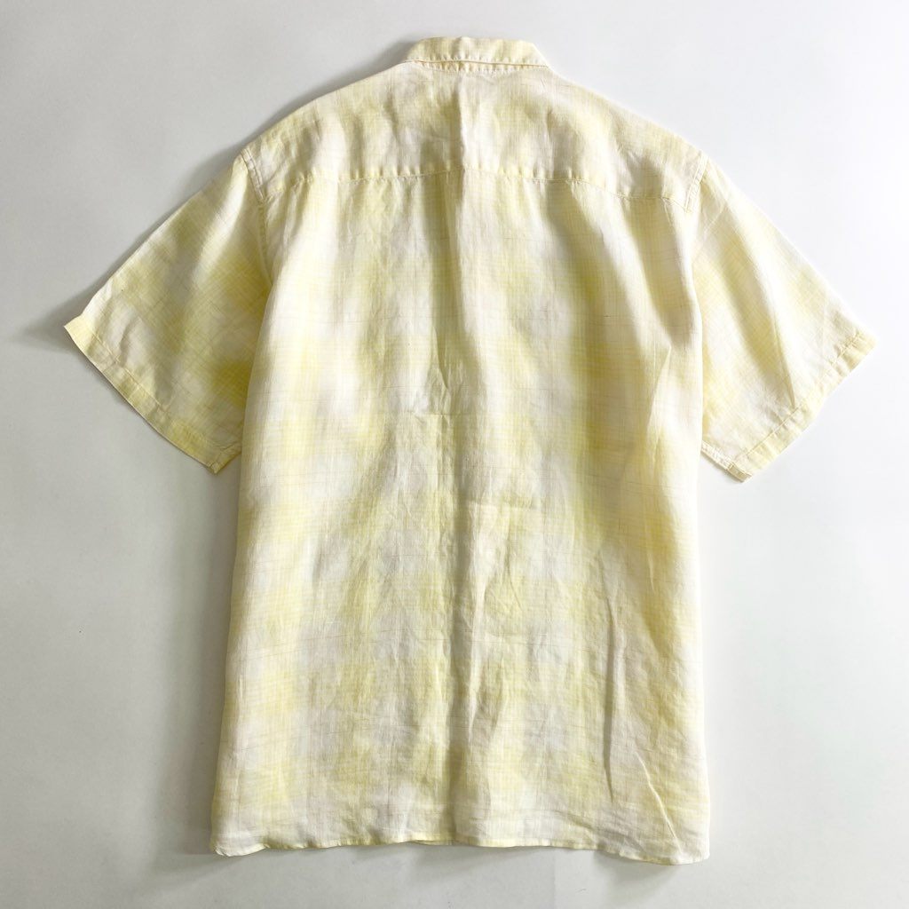 22b25-3 Papas パパス 日本製 リネン 半袖シャツ L イエロー LINEN  SHIRT  ショートスリーブ  ワンポイントロゴ チェック柄 MADE IN JAPAN