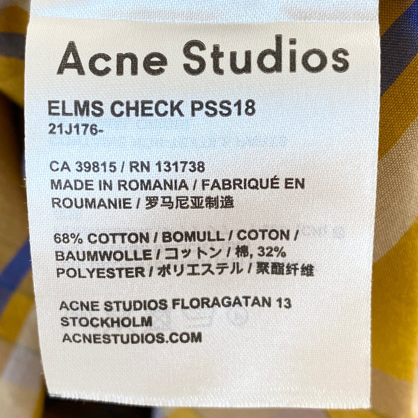 15a21 Acne Studios アクネストゥディオズ 半袖シャツ チェックシャツ 44 イエロー ELMS CHECK ショートスリーブ 胸ポケット