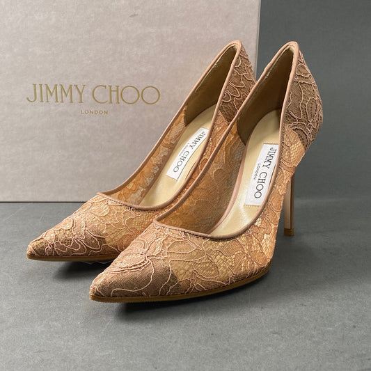 1a26 《美品》 JIMMY CHOO ジミーチュウ イタリア製 ABEL アベル ハイヒール レース パンプス シューズ ポインテッドトゥ37 ピンクベージュ MADE IN ITALY