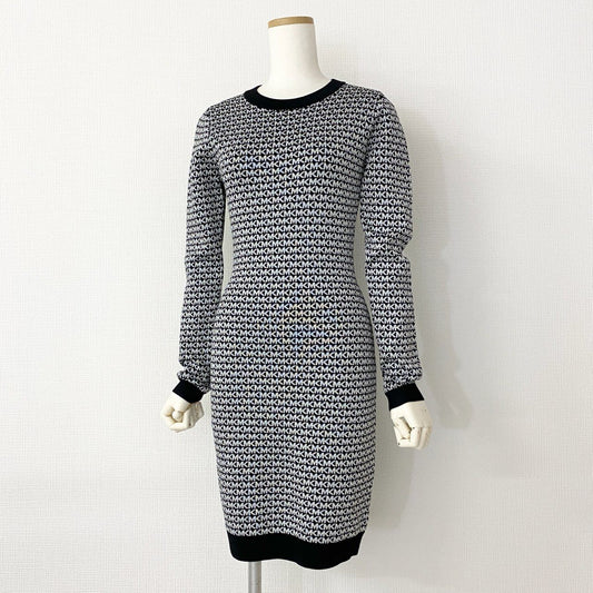 39c20 《美品》 MICHAEL KORS マイケルコース LOGO JACQUARD DRESS ジャガードドレス ワンピース XS シルバー ブラック ラメ 冬