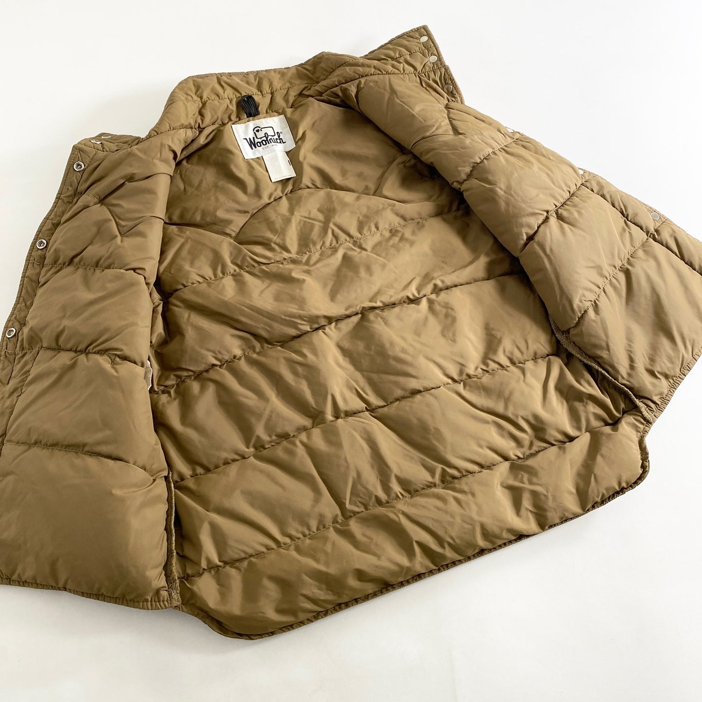 48L5《90'S》Woolrich ウールリッチ ヨークレザー切替 ダウンベスト 38(L相当) ベージュ レディース ヴィンテージ アメリカ古着