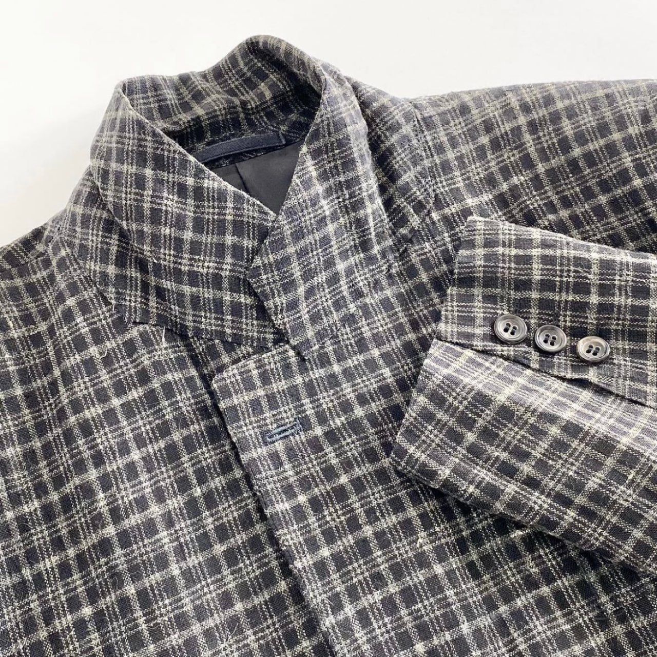 52i22 COMME des GARCONS HOMME コムデギャルソンオム 90s リネン チェックテーラードジャケット Sサイズ ブラック メンズ ブレザー 羽織