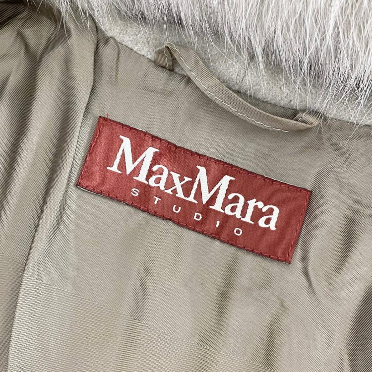 18L16《美品》Max Mara Studio マックスマーラ ステュディオ フォックスファー フーデットコート 42 ライトグレー アンゴラコート