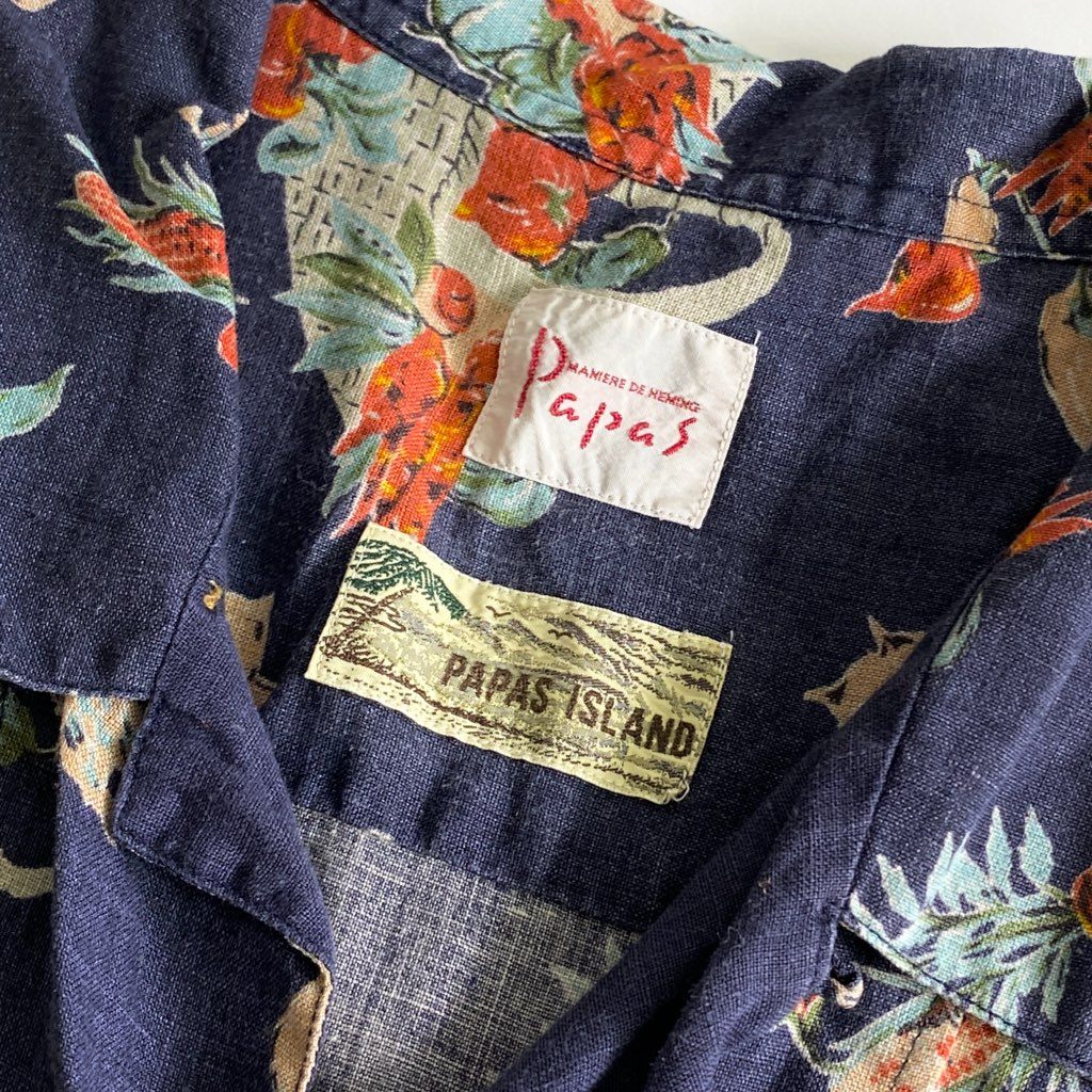 53b25 Papas パパス リネン アロハシャツ L ネイビー LINEN ALOHA SHIRT HAWAII ハワイ 半袖 オープンカラー