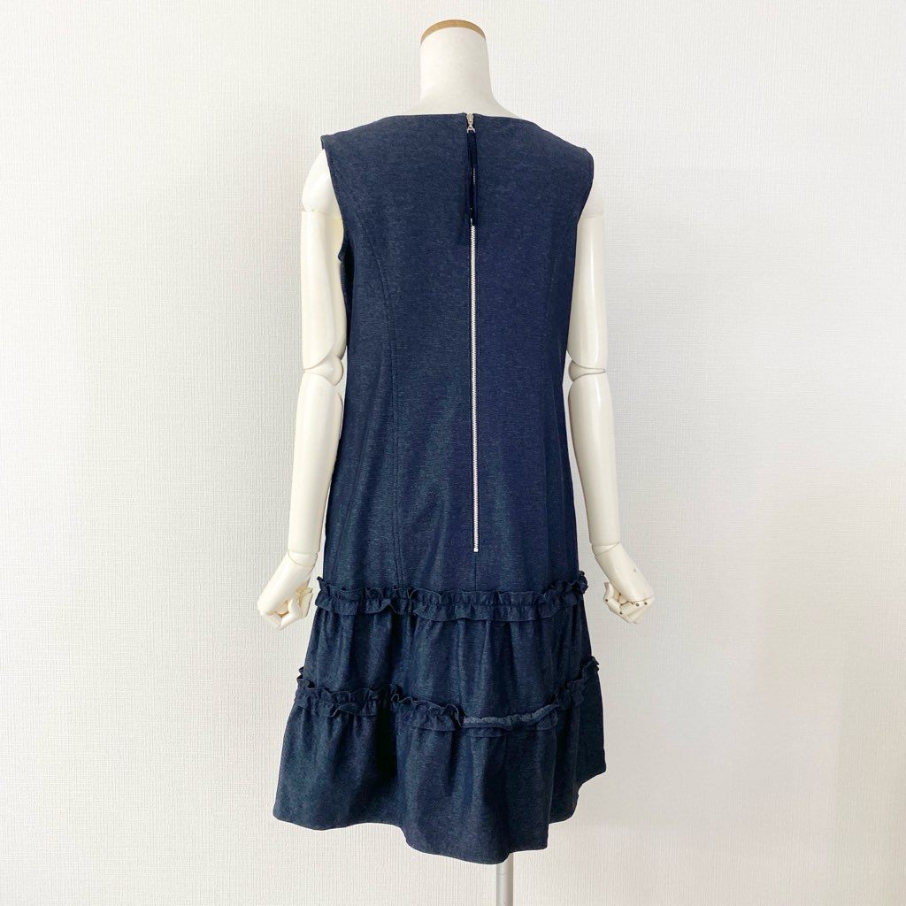 23c11 《美品》 Rene basic ルネ ベーシック バックジップ ストレッチフリルワンピース 36 ネイビー 日本製 伸縮性◎ ドレス