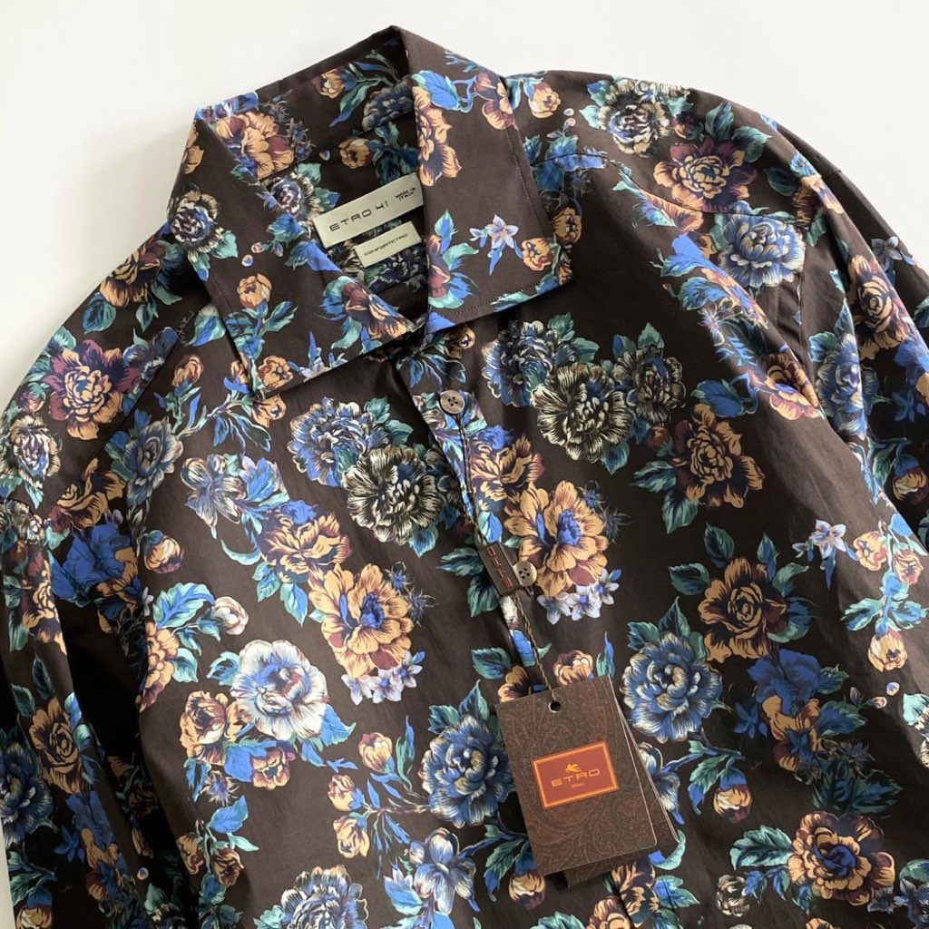 48j8 《未使用》ETRO エトロ フラワープリントシャツ 41 ブラウン メンズ 長袖 羽織 花柄 1flower print shirt イタリア製 タグ付き