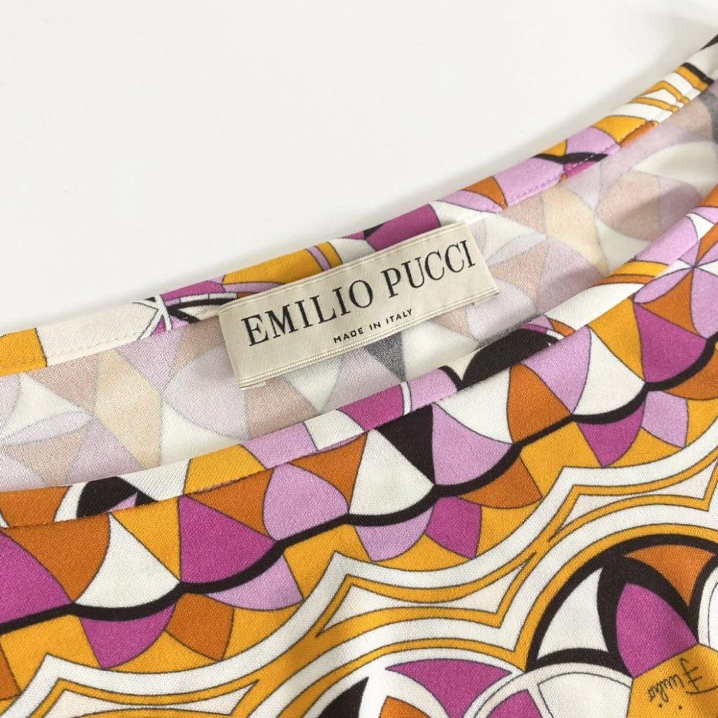 33c11 《極美品》 イタリア製 EMILIO PUCCI エミリオプッチ 半袖ワンピース ドレスワンピース 総柄 膝丈 袖スリット 34 レディース