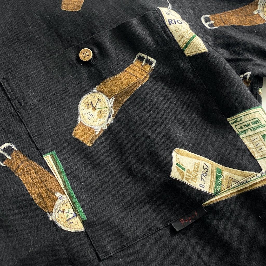 49b25 Papas パパス リネン アロハシャツ L ブラック LINEN ALOHA SHIRT HAWAII ハワイ 半袖 オープンカラー 時計 ウォッチ