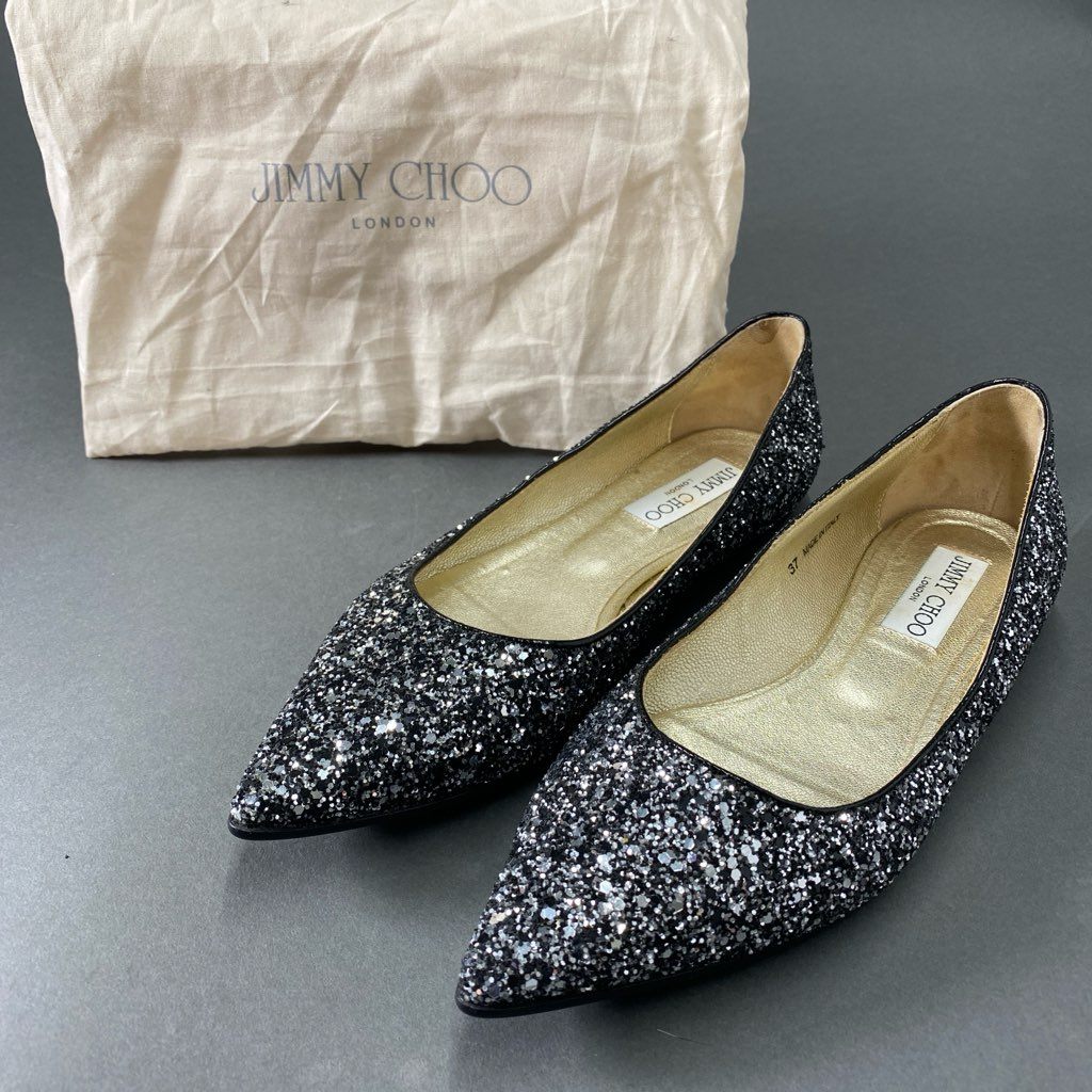 4b24 JIMMY CHOO ジミーチュウ イタリア製 グリッター フラットシューズ パンプス スパンコール 37 ブラック シルバー MADE IN ITALY