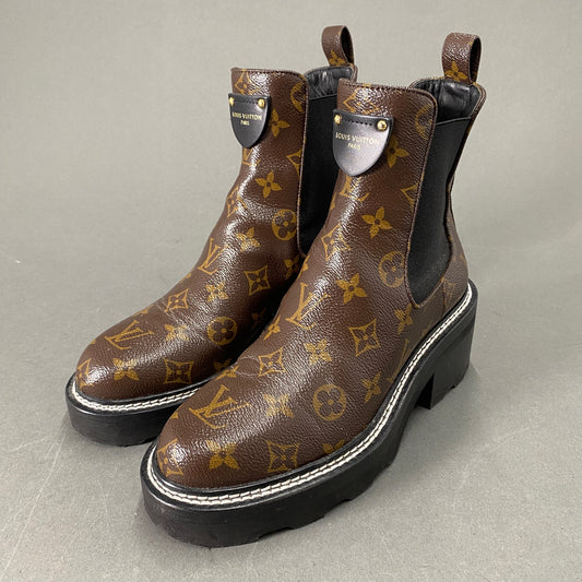 k14 定価\240,900 LOUIS VUITTON ルイヴィトン LV ボブール ライン アンクルブーツ 1A8QCN 24.0cm ブラウン パテント モノグラム サイドゴア レザーパッチ ハイブランド