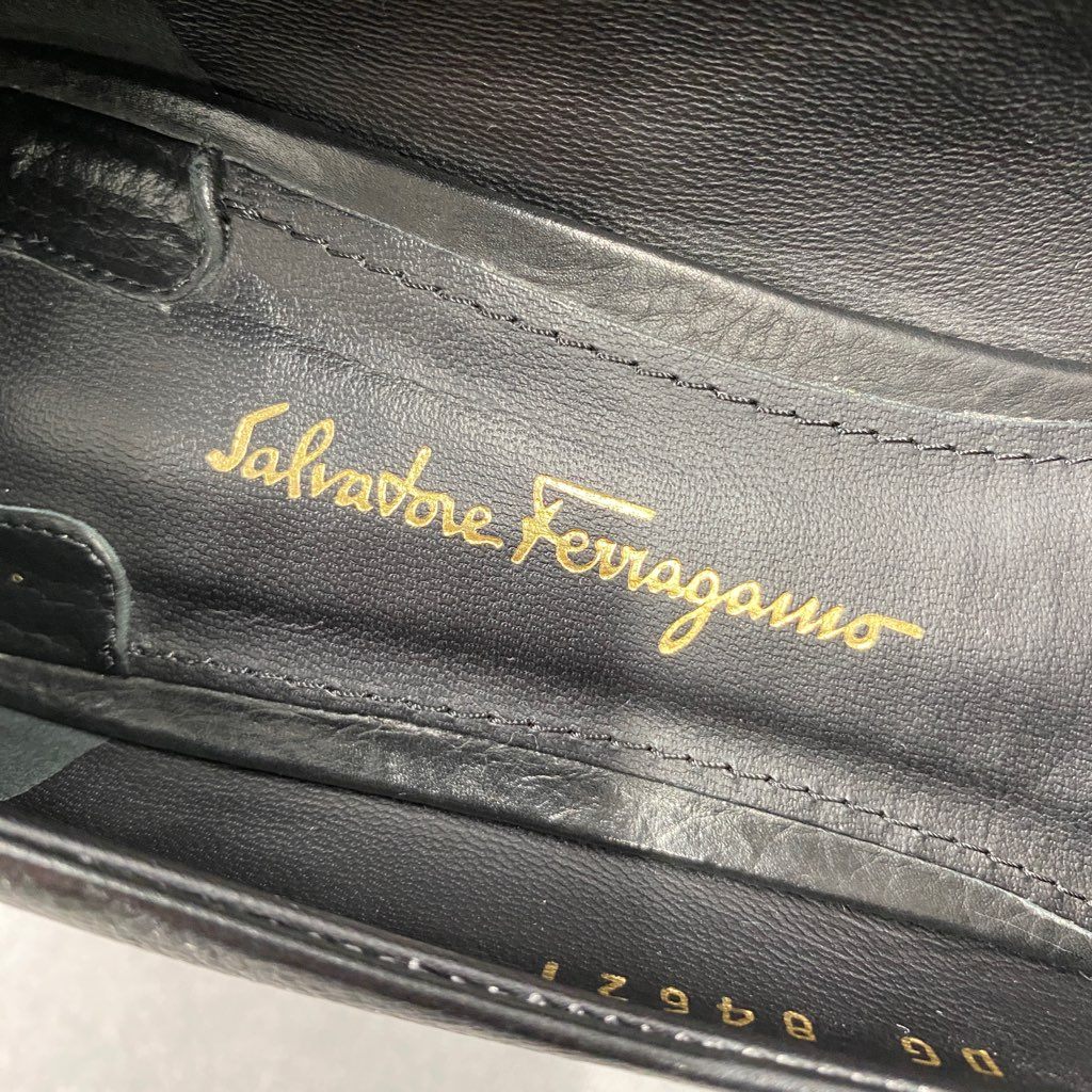 3b6 Salvatore Ferragamo サルヴァトーレフェラガモ イタリア製 CAPUA リボン チャンキーヒール パンプス 6 1/2 ブラック レザー MADE IN ITALY