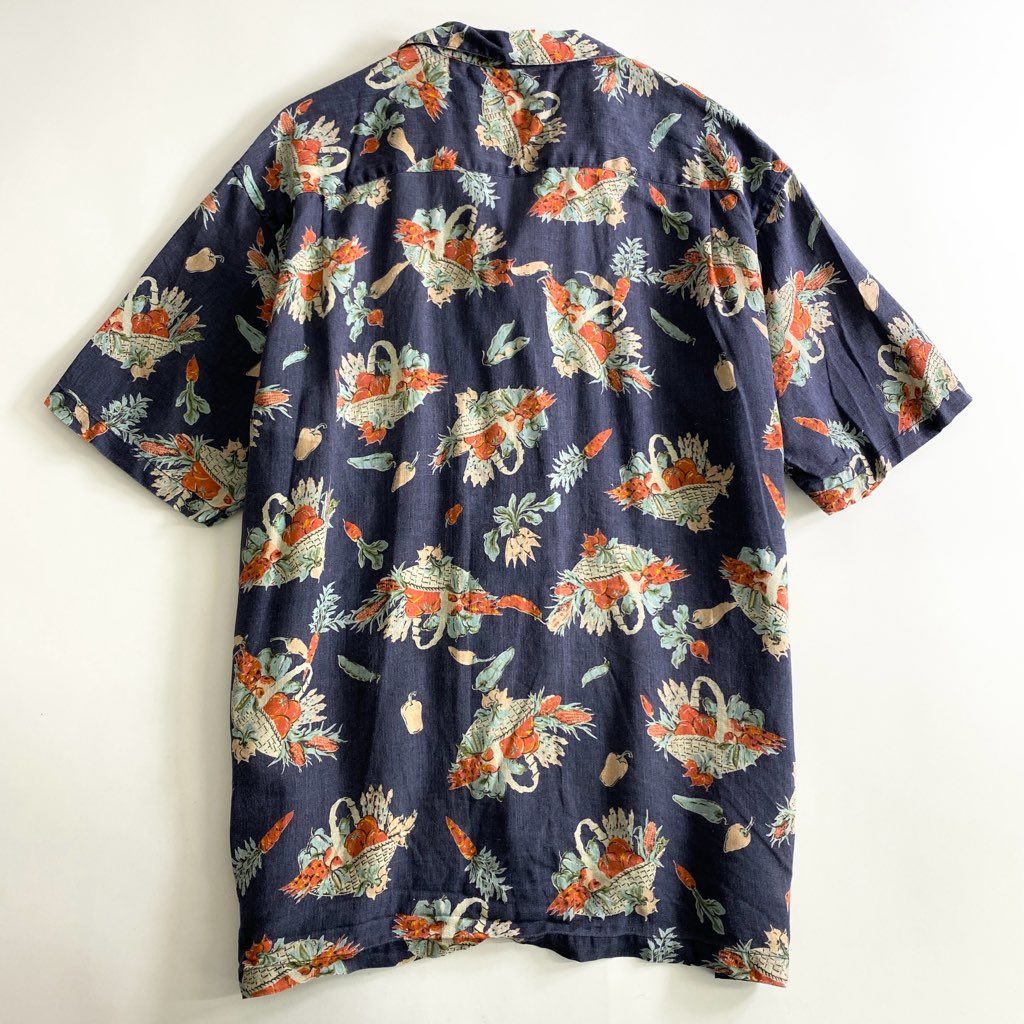 53b25 Papas パパス リネン アロハシャツ L ネイビー LINEN ALOHA SHIRT HAWAII ハワイ 半袖 オープンカラー