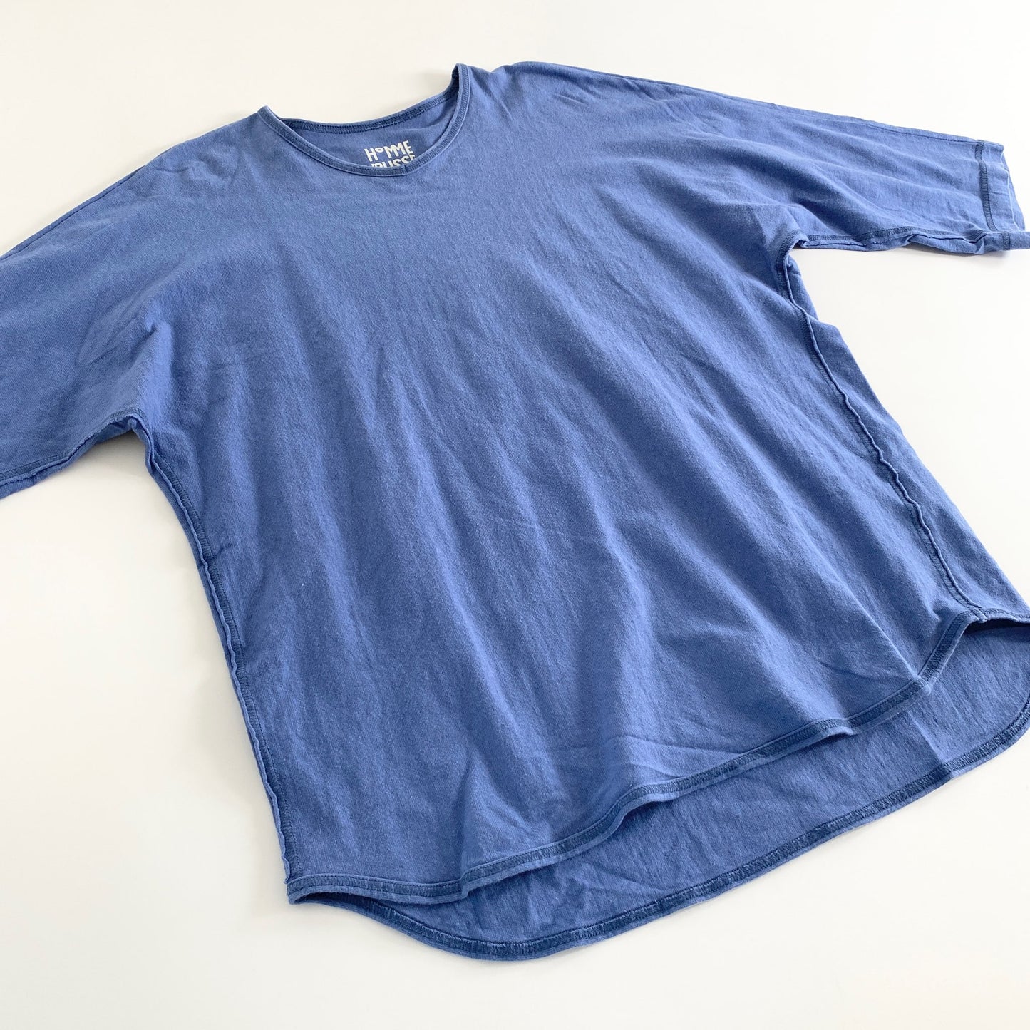 12a21 日本製 HOMME PLISSE ISSEY MIYAKE オムプリッセ イッセイミヤケ 七分袖Tシャツ カットソー 2 サックスブルー Vネック リネン混