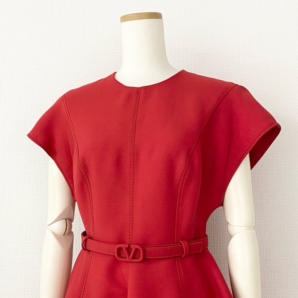 49c6 《美品》 VALENTINO ヴァレンティノ Crepe Belted Mini Dress ロゴベルト ベルテッドミニドレス ワンピース 40 レッド イタリア製