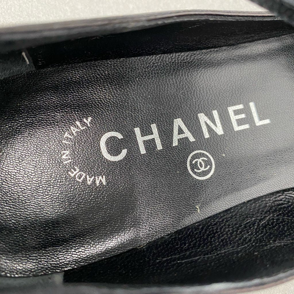 2b24 イタリア製 CHANEL シャネル フラットパンプス フラットシューズ スクエアトゥ ストラップ 35 1/2 ブラック レザー レディース 靴 女性用