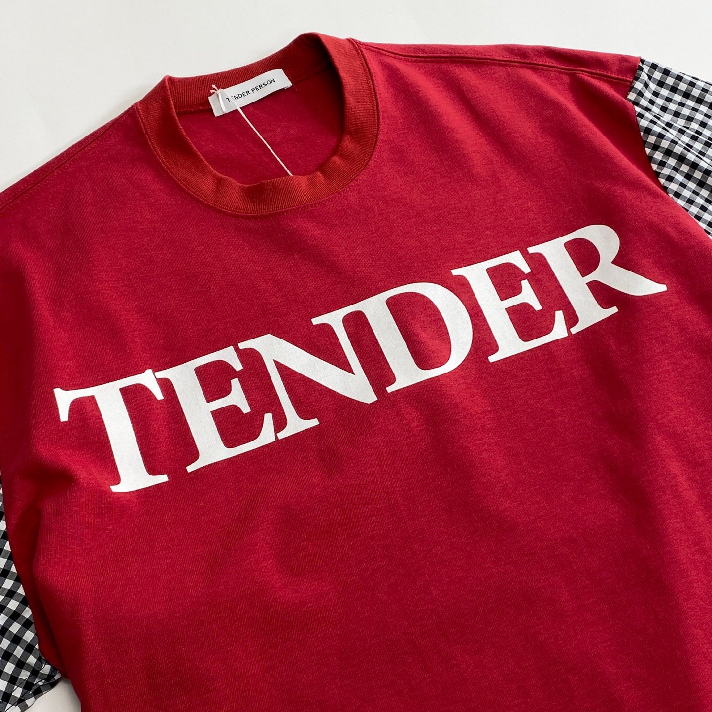 73k12《極美品》定価\30800 TENDER PERSON テンダーパーソン GINGHAM SLEEVE LONG TEE GY-TO-4225 1 レッド タグ付き ロンT