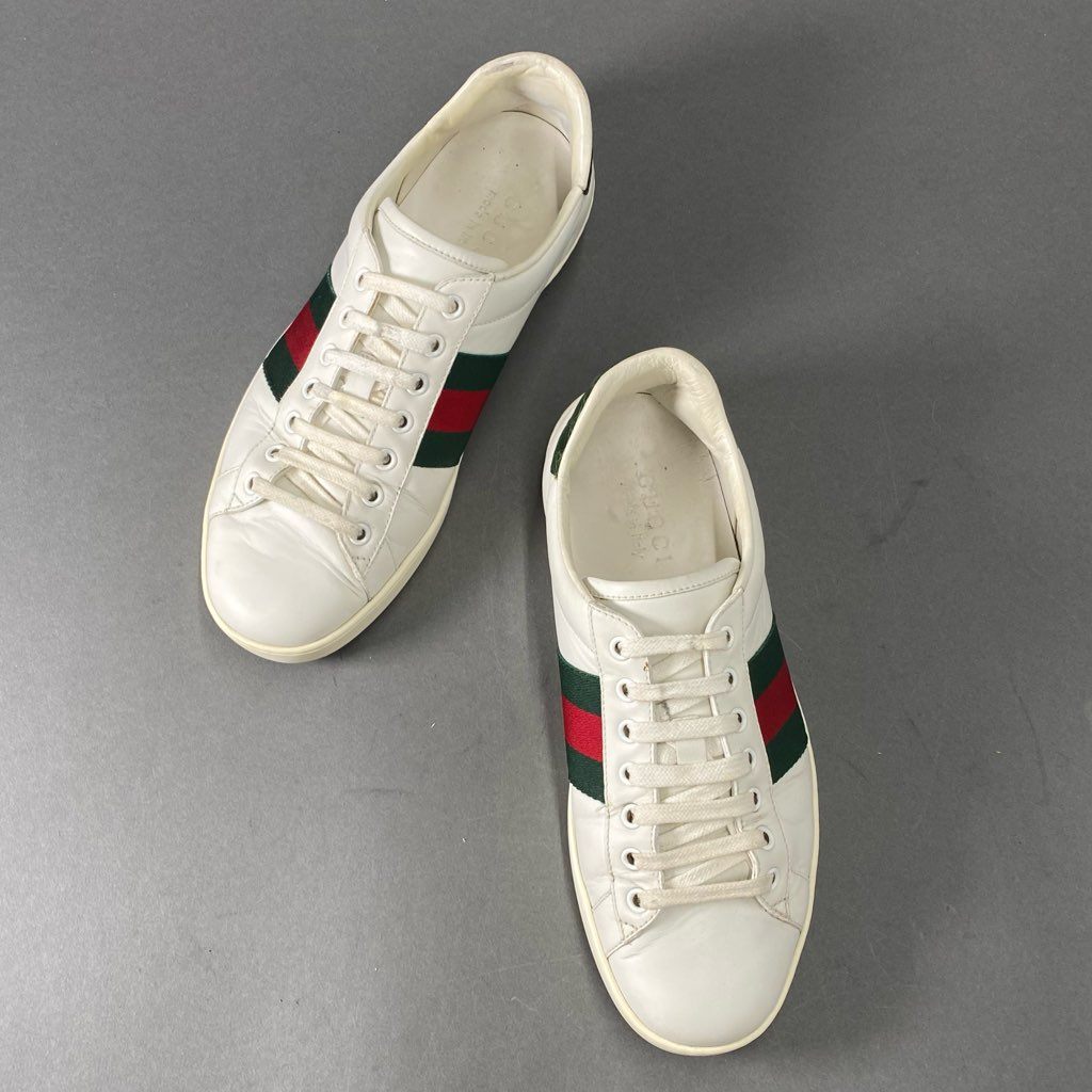 6c8 GUCCI グッチ イタリア製 ローカットスニーカー シェリーライン シューズ 7 ホワイト グリーン レッド レザー MADE IN ITALY