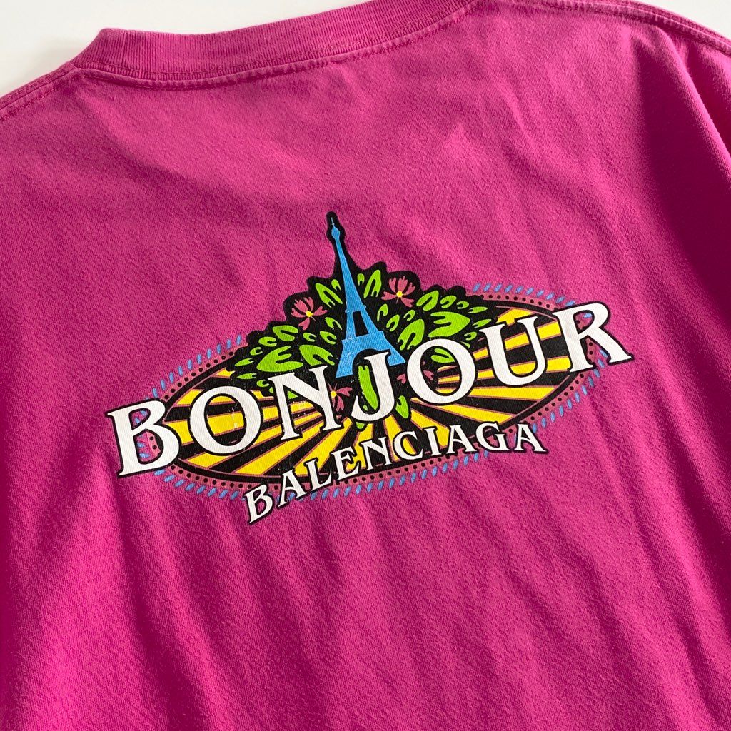 63b13 BALENCIAGA バレンシアガ 594579 20SS BONJOUR LOGO TEE ボンジュールロゴ プリント Tシャツ クルーネック XLサイズ ピンク コットン