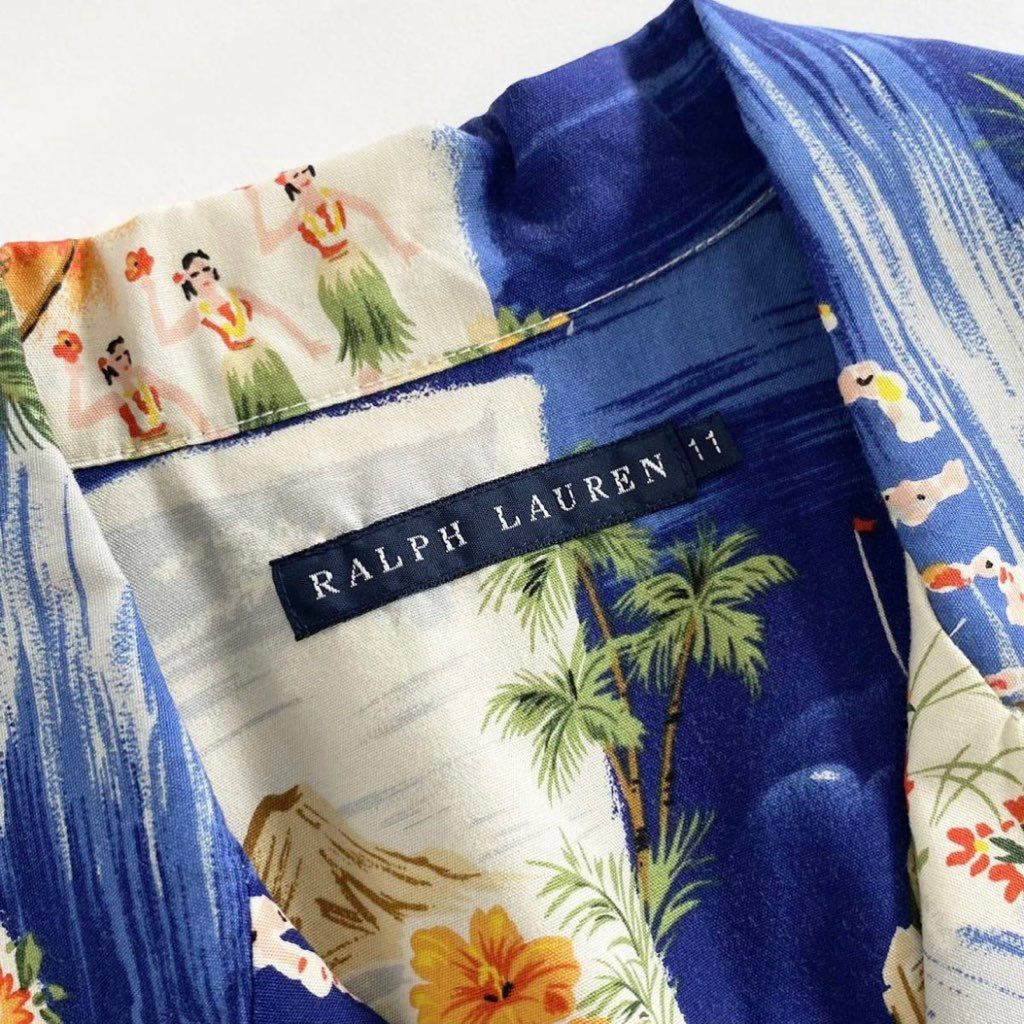 40f30 《美品》 Ralph Lauren ラルフローレン アロハシャツ ワンピース 11 ブルー ハワイ ALOHA SHIRT ドレス ベルト付き