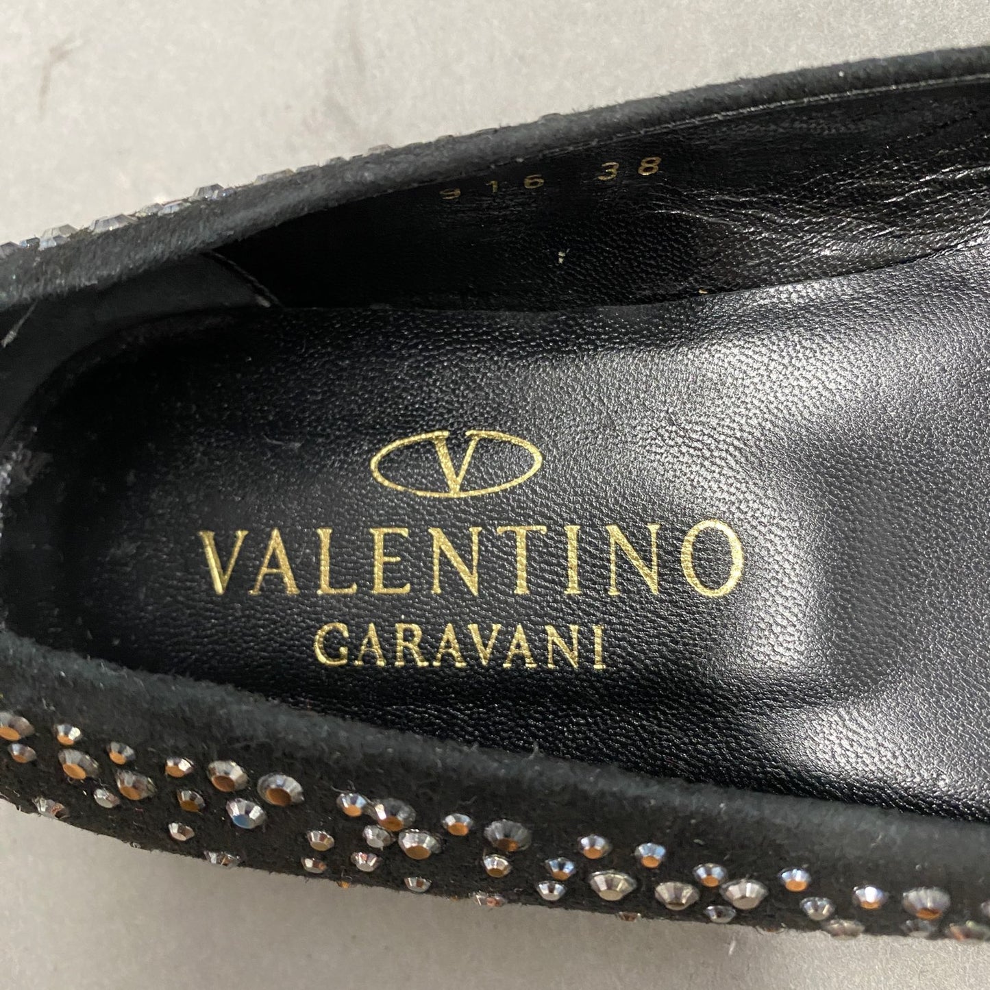 1L5《美品》VALENTINO GARAVANI ヴァレンティノ ガラヴァーニ  38(24cm相当) ブラック ラインストーン フラットシューズ バレエシューズ レディース 靴