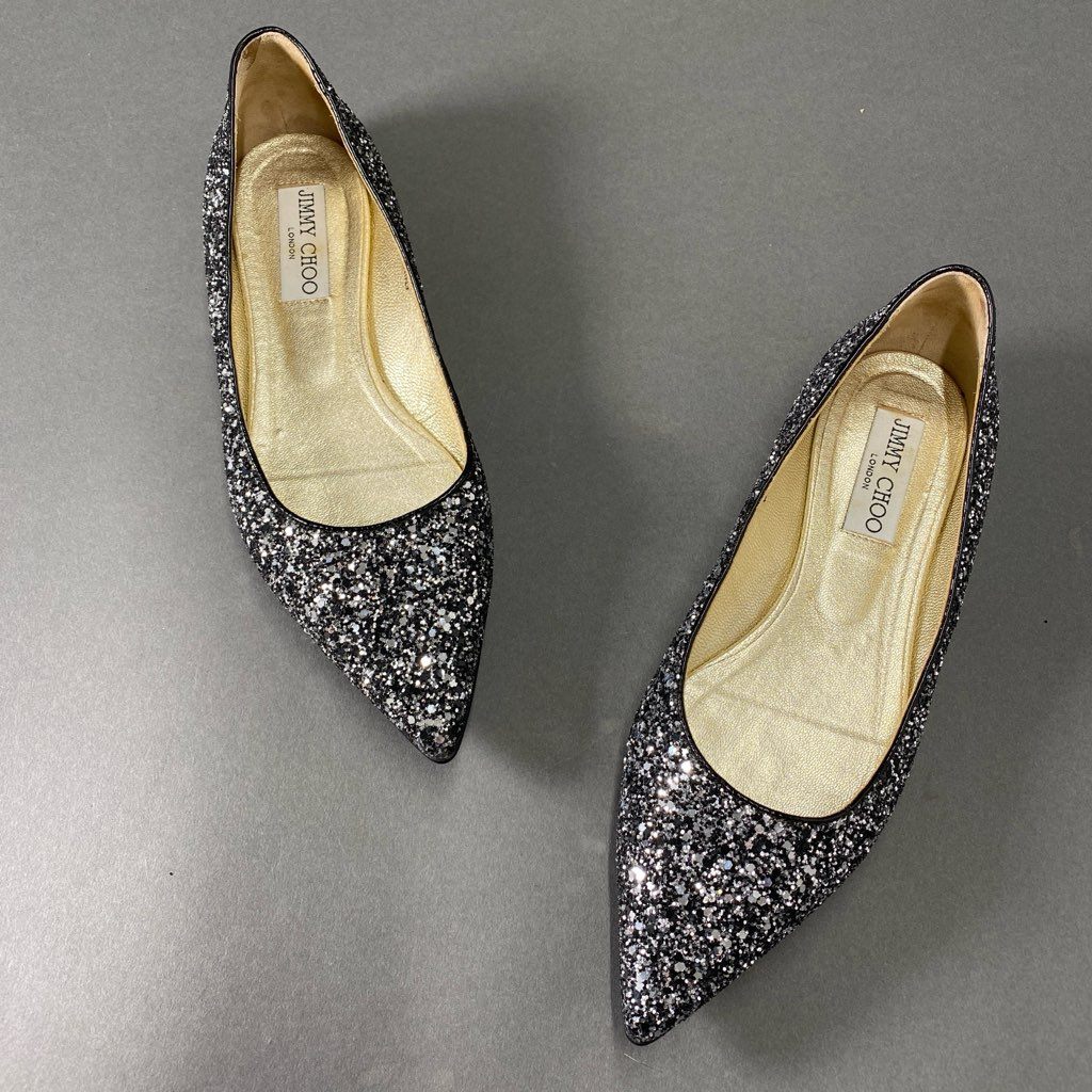 4b24 JIMMY CHOO ジミーチュウ イタリア製 グリッター フラットシューズ パンプス スパンコール 37 ブラック シルバー MADE IN ITALY