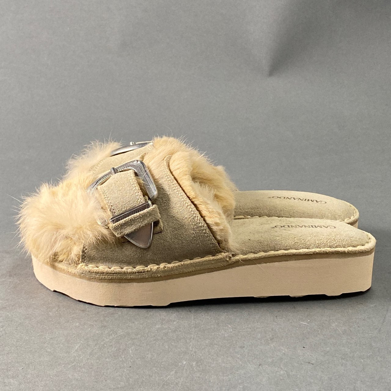 1A14 CAMINANDO カミナンド SINGLE STRAP ECO FUR SANDAL エコファーサンダル 5 ベージュ スウェードレザー バックル