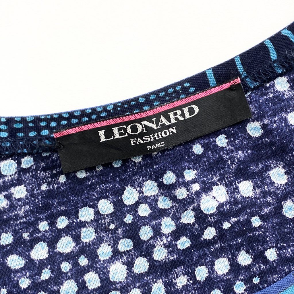 8b5-2 LEONARD レオナール 半袖Tシャツ カットソー ドット ストライプ柄 L ネイビー コットン100％ レディース