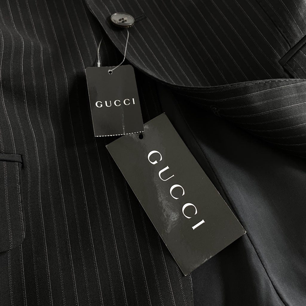 55b13 《未使用》 タグ付 GUCCI グッチ 2Bストライプテーラードジャケット スーツ 46 ブラック ブレザー ビジネス フォーマル スイス製