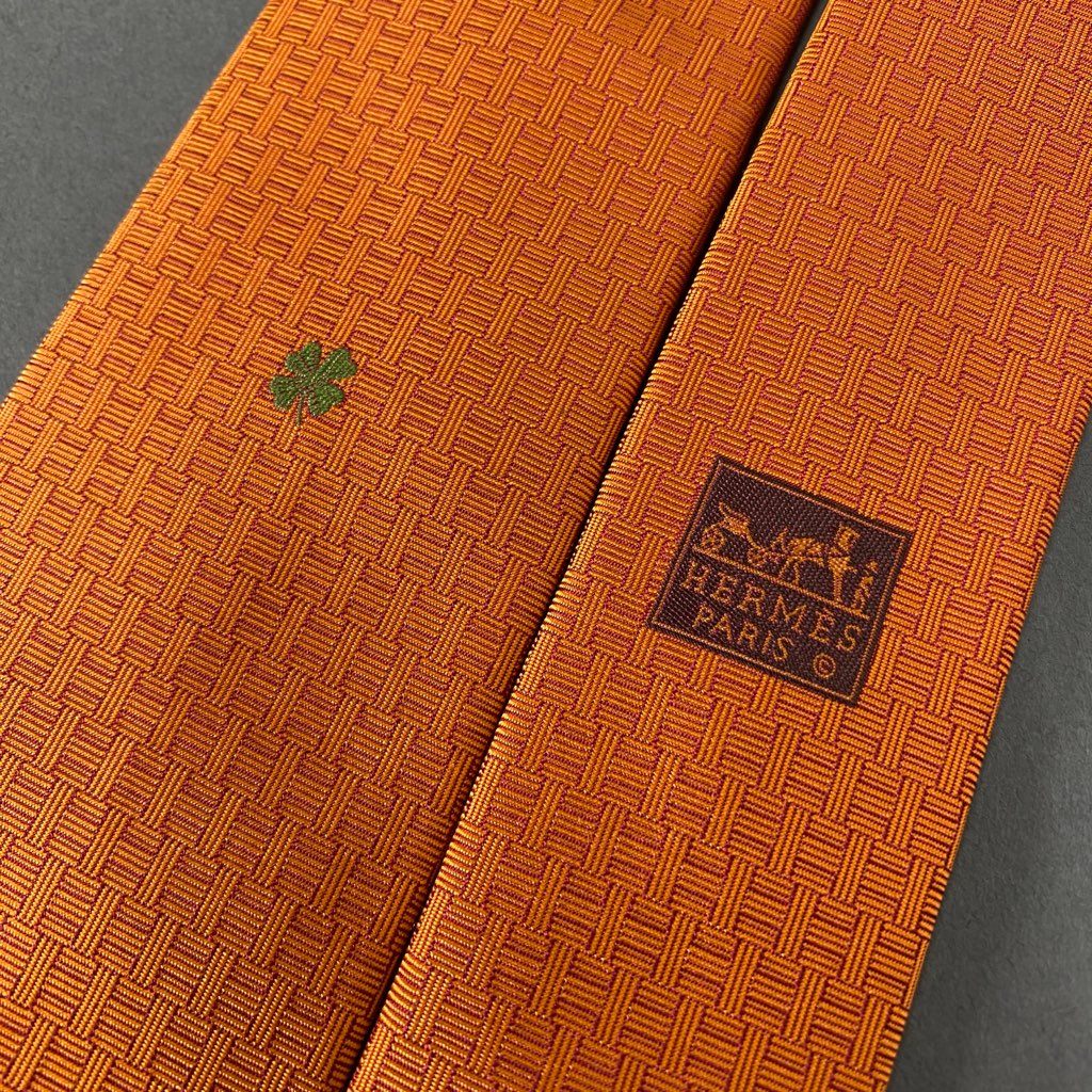 39b6-13 HERMES エルメス Hロゴ クローバー刺繍 シルクネクタイ ビジネス フォーマル スーツ オレンジ フランス製 428765T