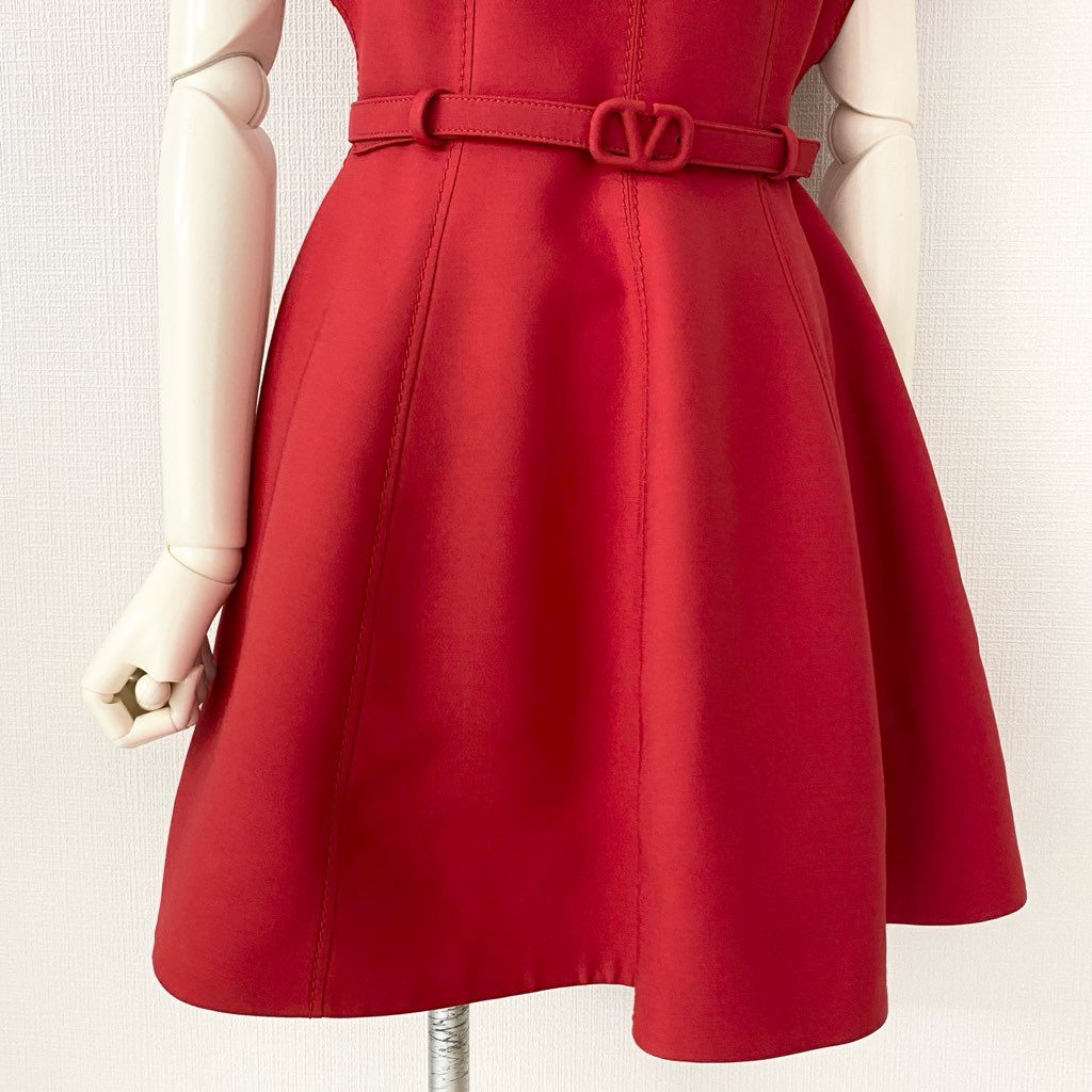 49c6 《美品》 VALENTINO ヴァレンティノ Crepe Belted Mini Dress ロゴベルト ベルテッドミニドレス ワンピース 40 レッド イタリア製