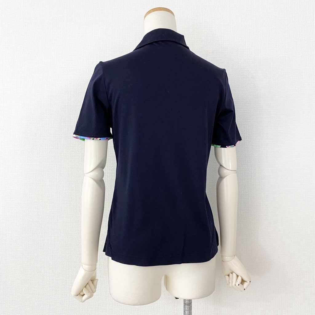 53b4 LEONARD レオナール フラワープリント ポロシャツ 40 ネイビ－ トップス 半袖 花柄  日本製 POLO SHIRT