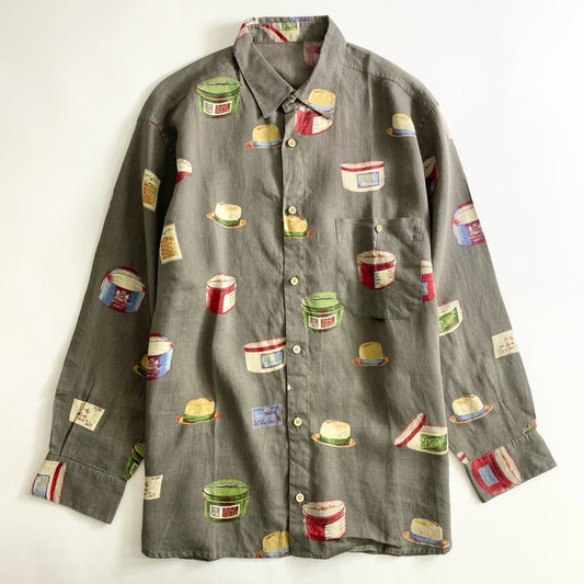 54b25 Papas パパス リネン 総柄シャツ L グレー 日本製 ワンポイントロゴ ハット 帽子 HAT BOX LINEN SHIRT