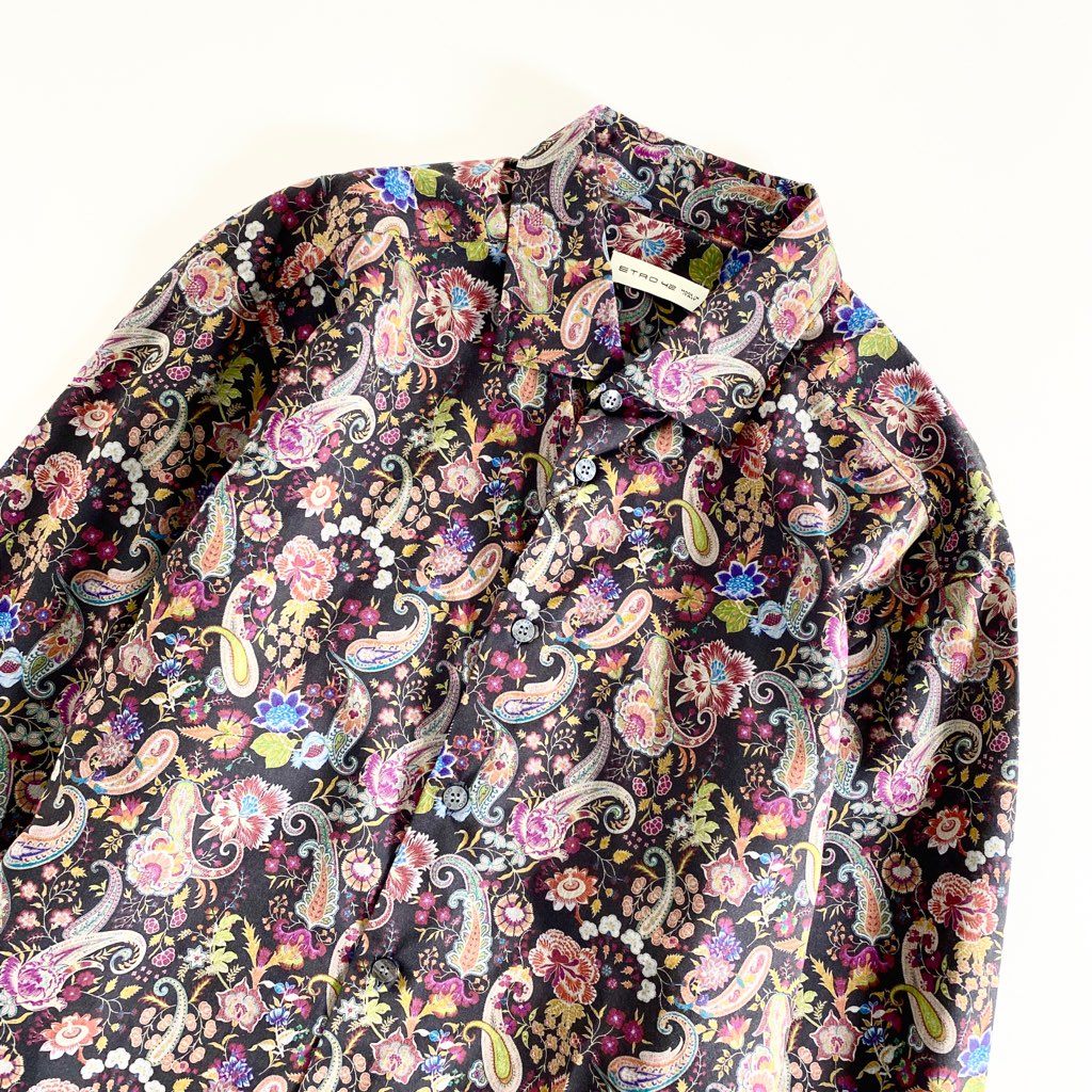 41b14 《極美品》 ETRO エトロ イタリア製 タグ付 フラワープリント 長袖シャツ 42 羽織 花柄 マルチカラー コットン MADE IN ITALY