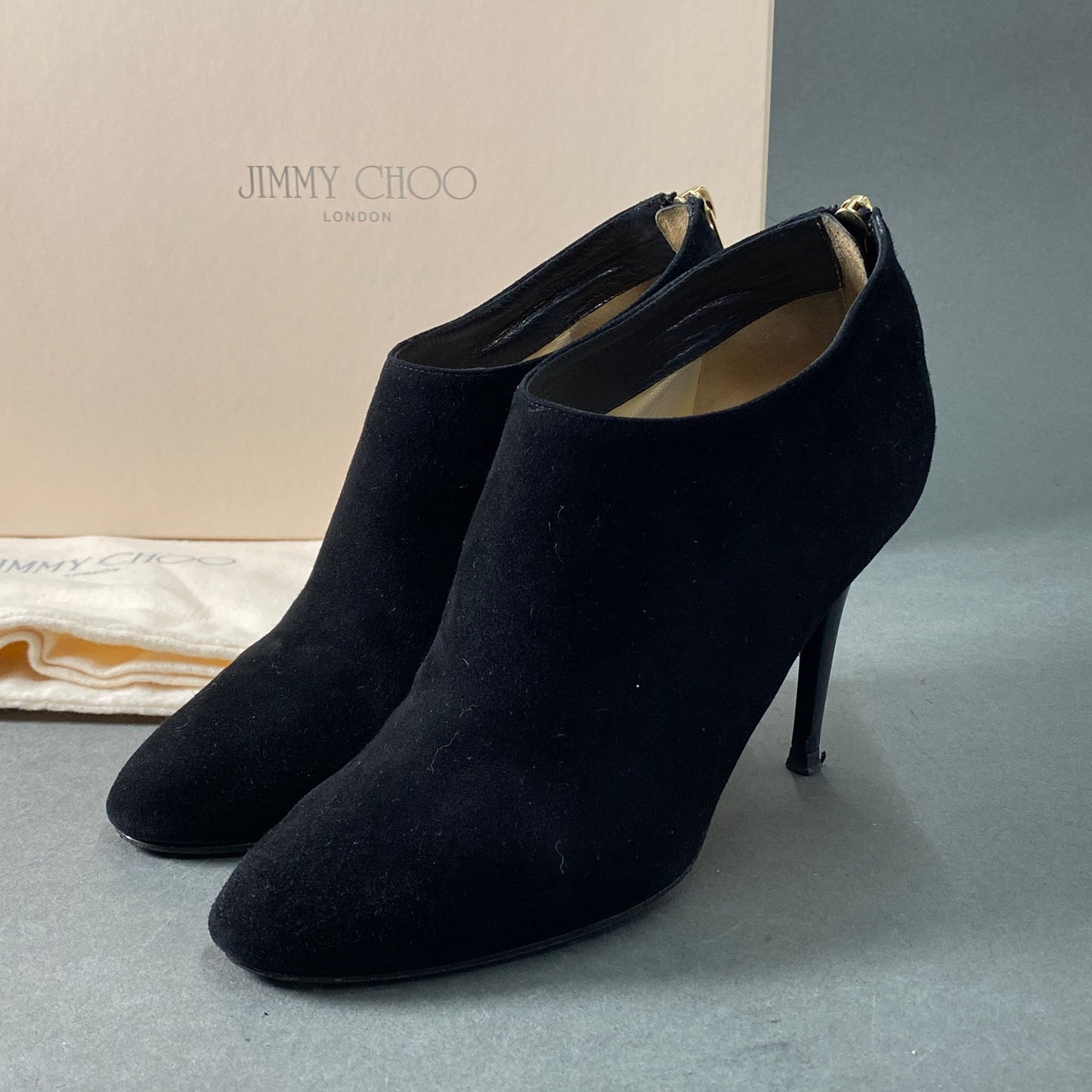 5a28 JIMMY CHOO ジミーチュウ イタリア製 247MENDEZ バックジップ ヒール ブーティ シューズ 37 ブラック スエード レザー MADE IN ITALY