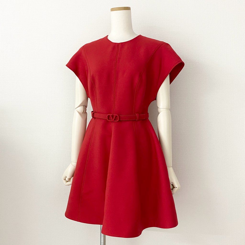 49c6 《美品》 VALENTINO ヴァレンティノ Crepe Belted Mini Dress ロゴベルト ベルテッドミニドレス ワンピース 40 レッド イタリア製