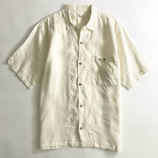 22b25-4 Papas パパス 日本製 リネン 半袖シャツ L ベージュ LINEN SHIRT ショートスリーブ ワンポイントロゴ オープンカラー 開襟 MADE IN JAPAN